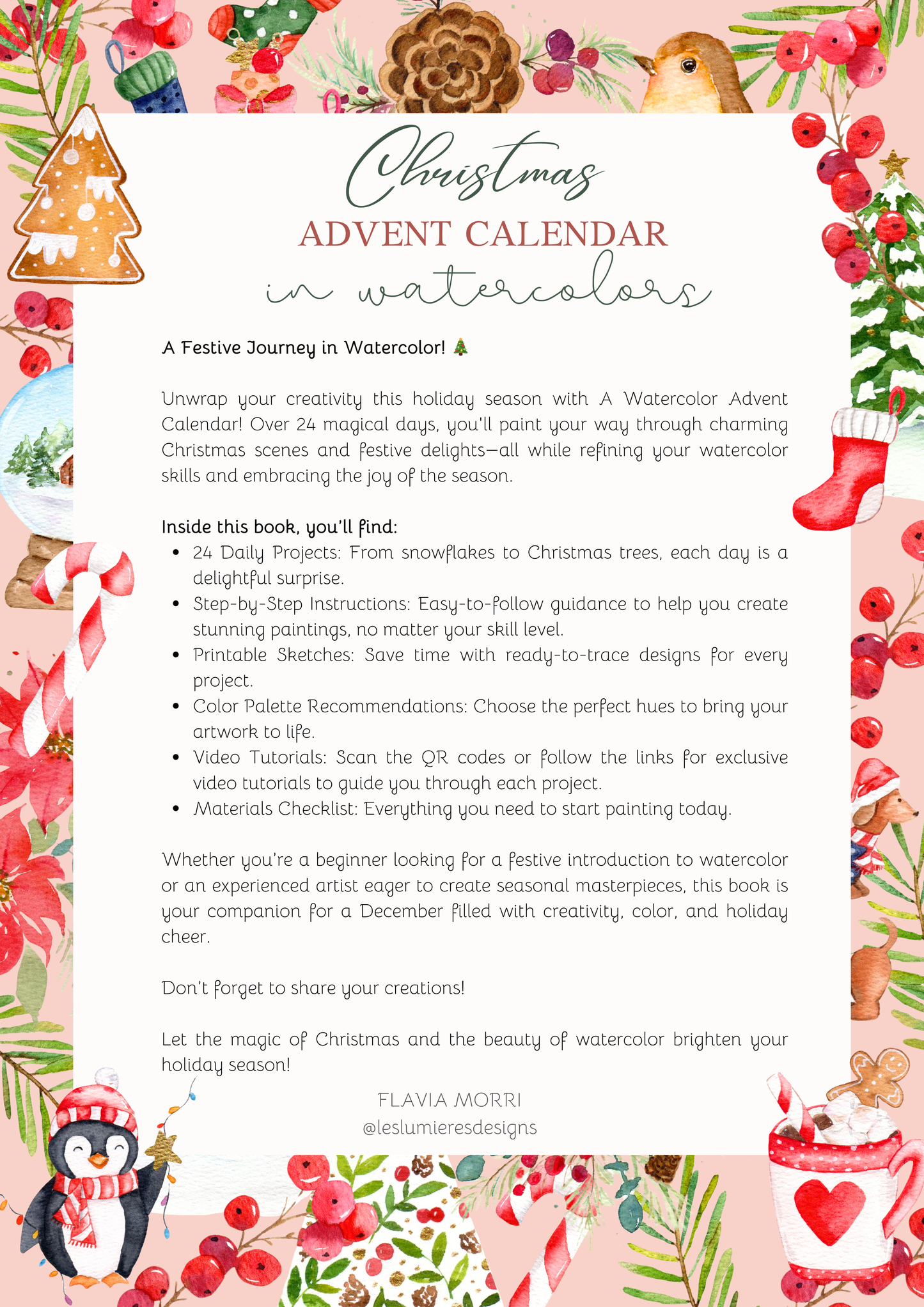 Watercolor Christmas Advent Calendar eBook- Instant Download & Print