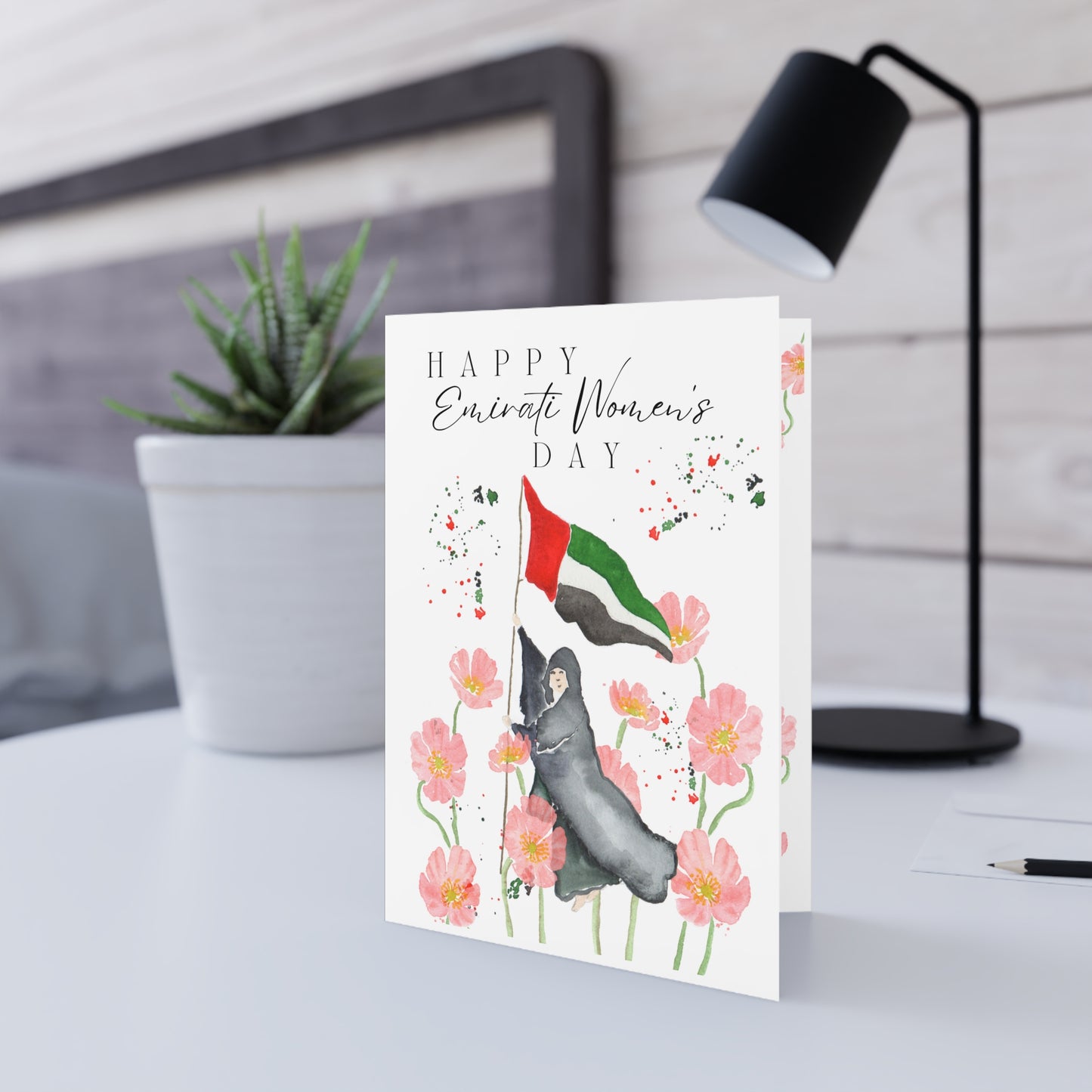 Happy Emirai women's day Handmade card with watercolor illustration
