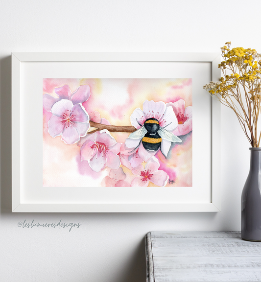 Watercolor Cherry blossoms & Bee "Beeutiful"
